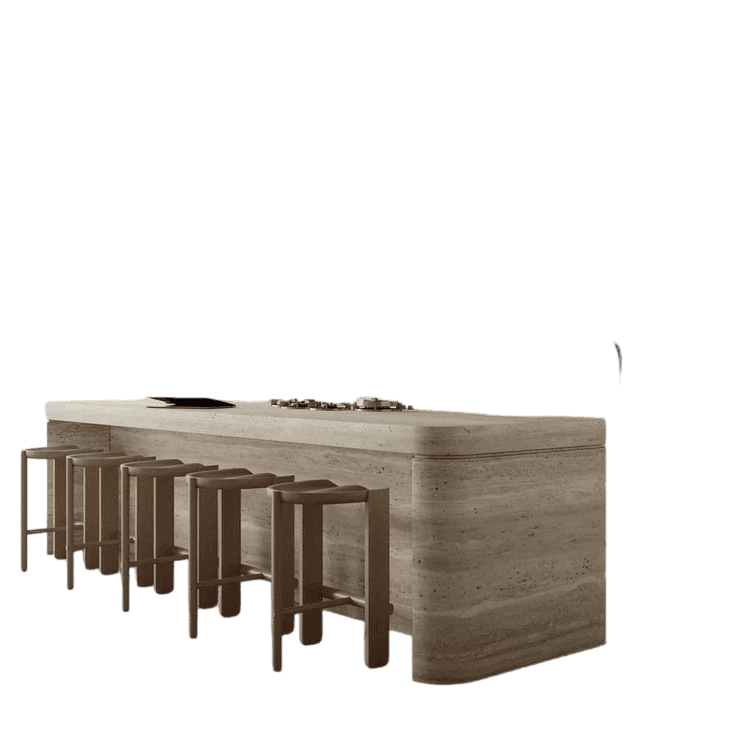 A long, rectangular bar height table constructed from natural travertine stone, paired with six mini… — 3D model