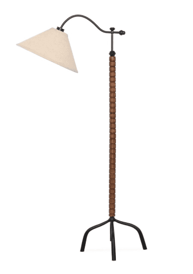 A contemporary floor lamp featuring a light-colored conical fabric shade suspended from a curved bla… — 3D model