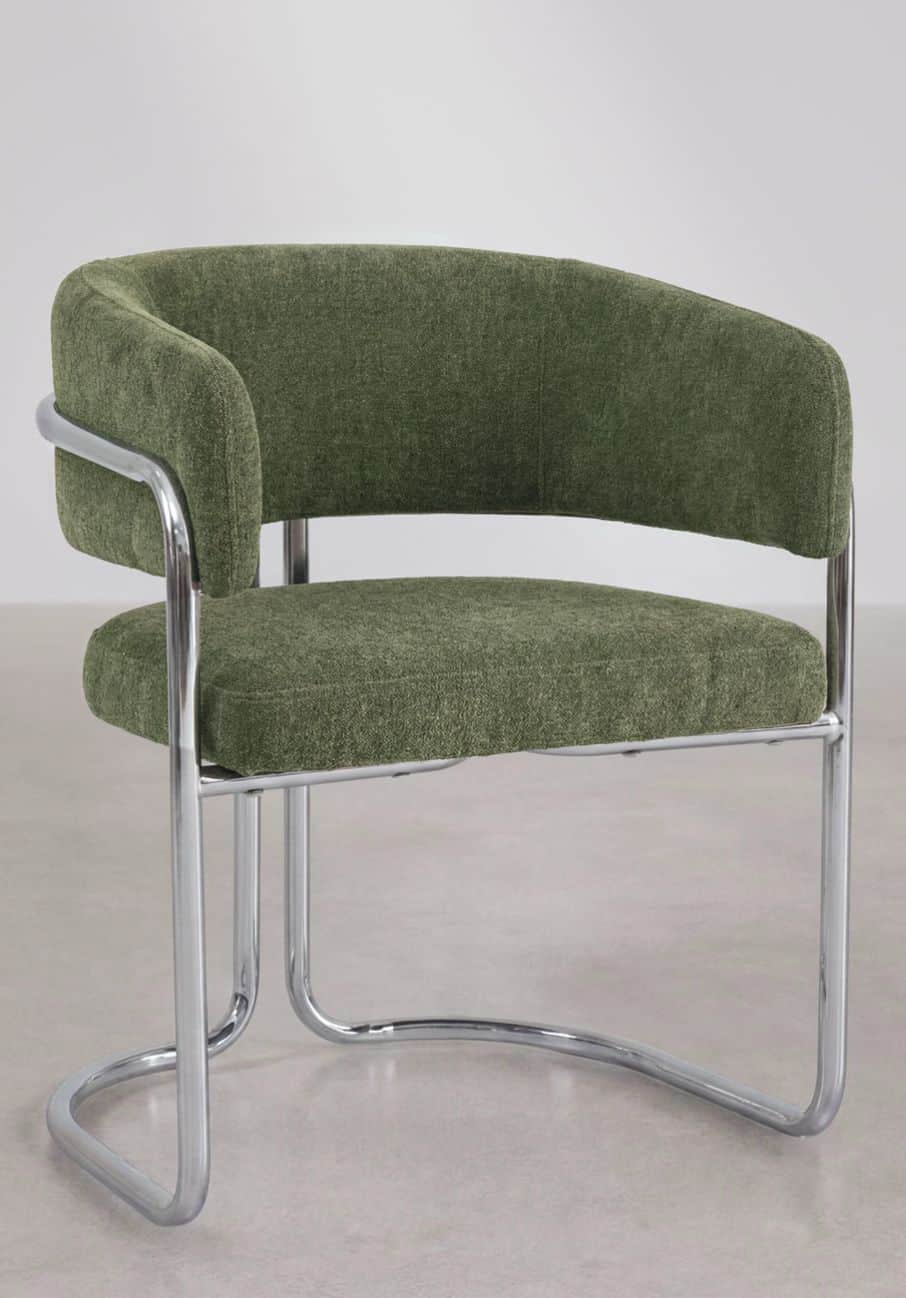 An olive green upholstered accent chair featuring a curved backrest and integrated armrests. The cha… — free GLTF 3D model