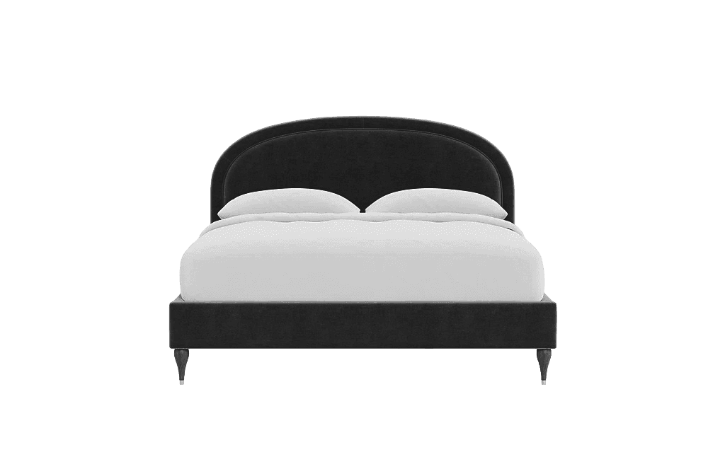 A dark grey upholstered bed frame with a curved headboard. The bed includes two white pillows and is… — free BLEND 3D model