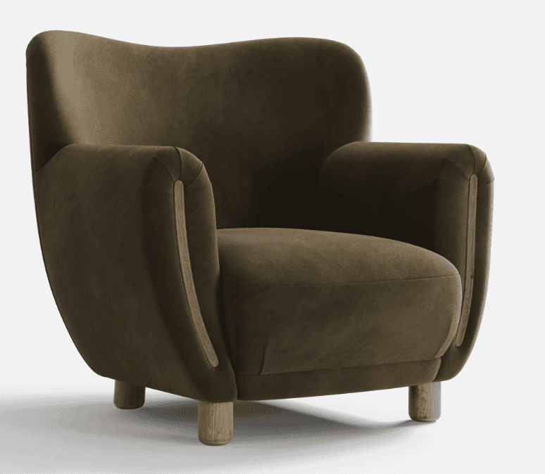 A plush armchair with a distinctive curved silhouette. The upholstery is a soft, matte fabric in a d… — free OBJ 3D model