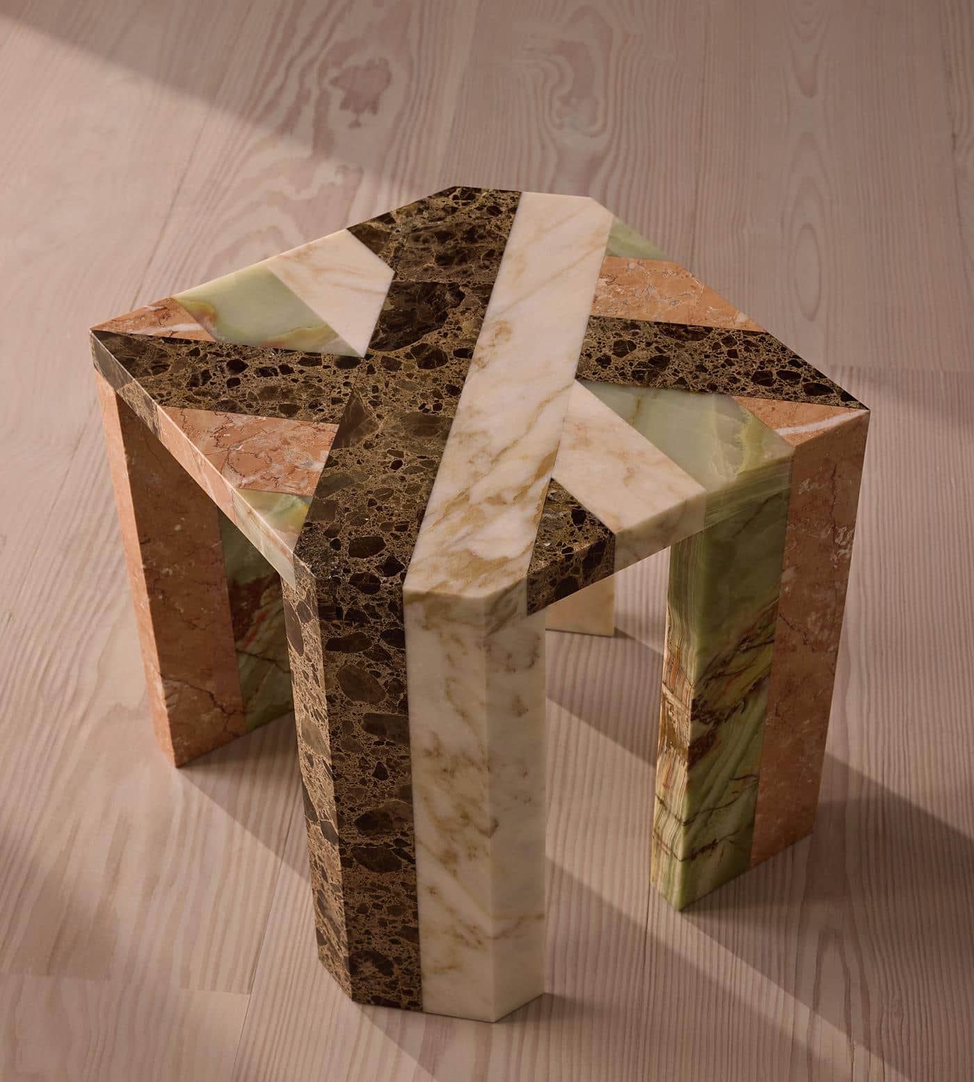 A polygonal side table constructed from various types of marble, arranged in a geometric, segmented… — 3D model