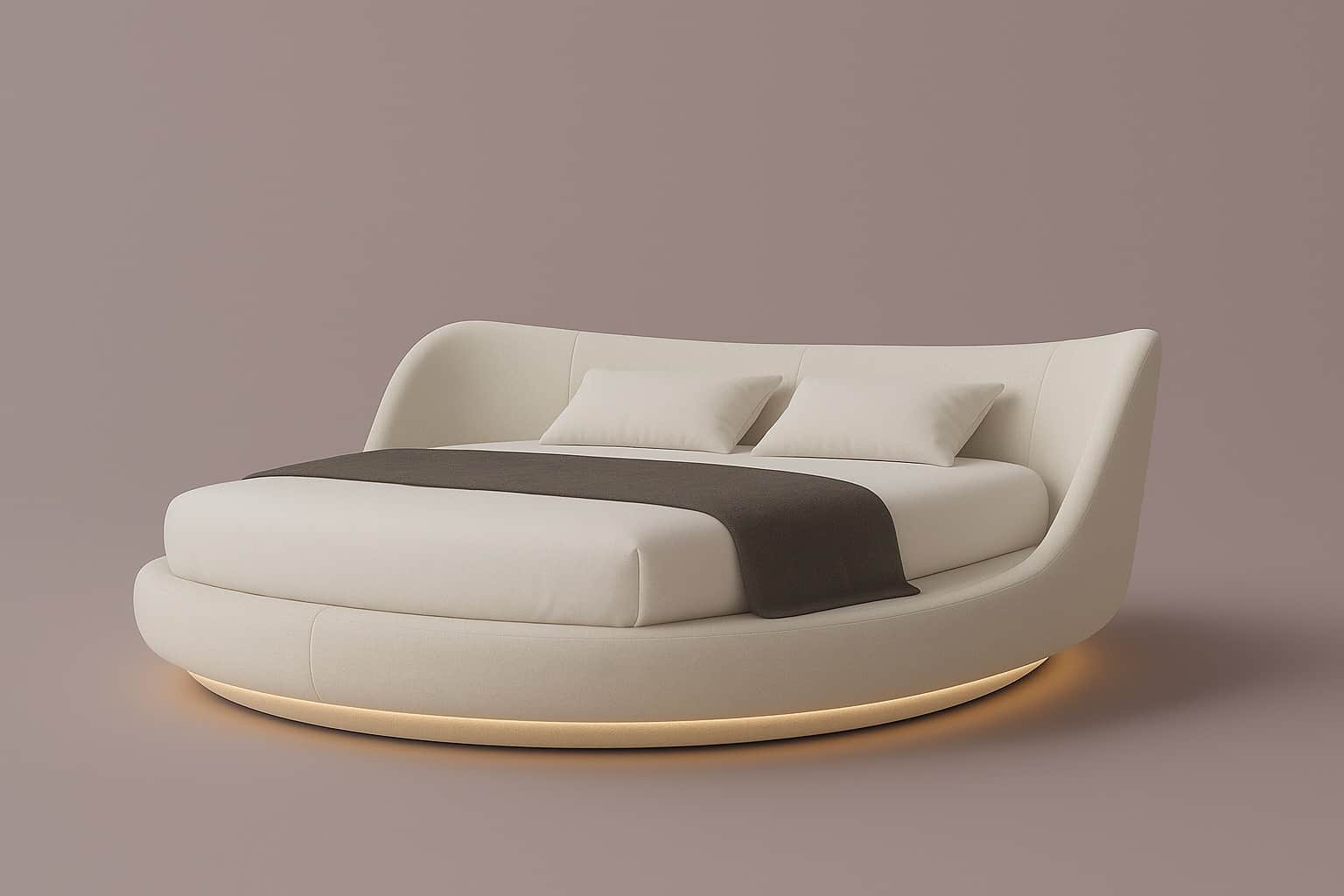 A modern, circular bed with a cushioned headboard and a floating base that incorporates LED lighting… — free FBX 3D model
