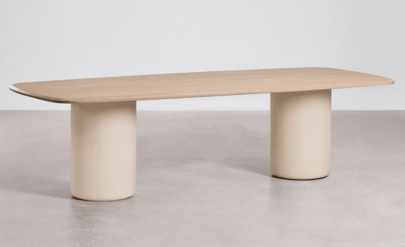 A contemporary dining table featuring a rectangular light-toned wooden top with gently rounded corne… — 3D model