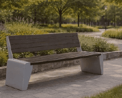 A modern outdoor bench featuring dark brown wooden or composite slats for the seat and backrest, sup… — free STL 3D model