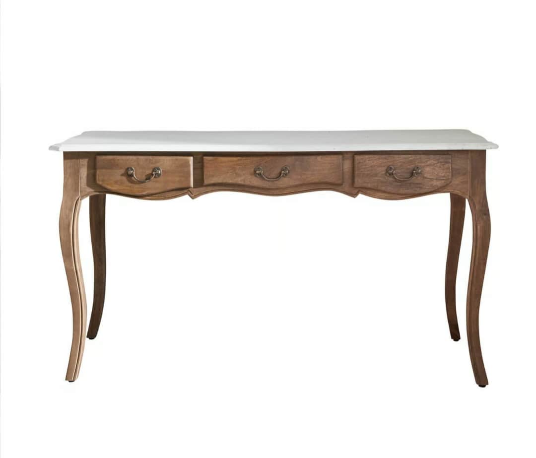 A wooden console table with a marble top and three drawers. The table features cabriole legs and dec… — 3D model