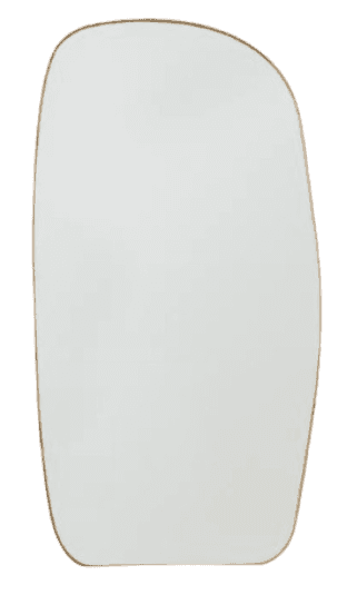A modern wall mirror with an elongated organic shape, framed in light-toned oak wood. — 3D model