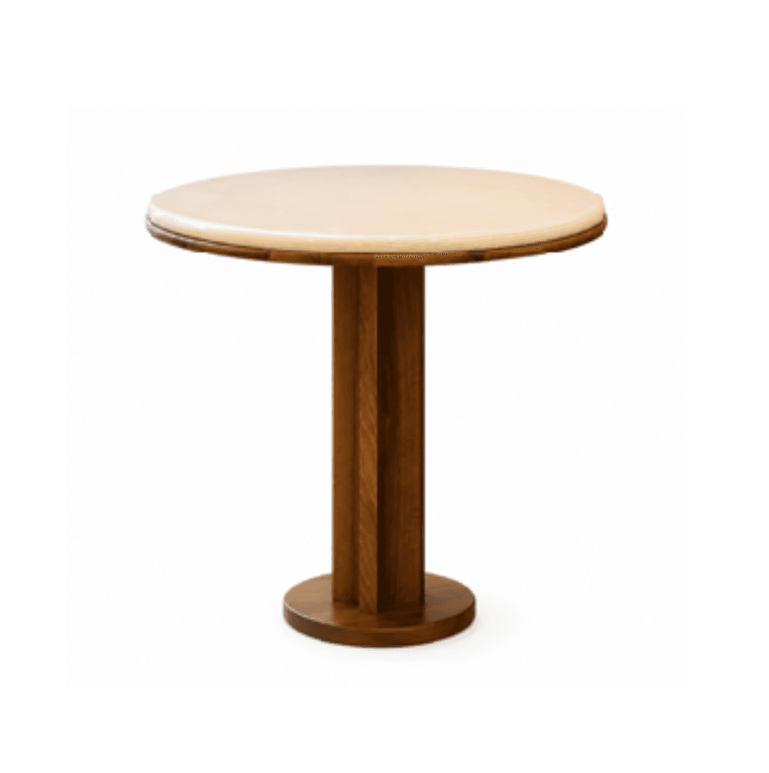 A modern round accent table featuring a light-colored, possibly stone or composite, tabletop and a w… — 3D model