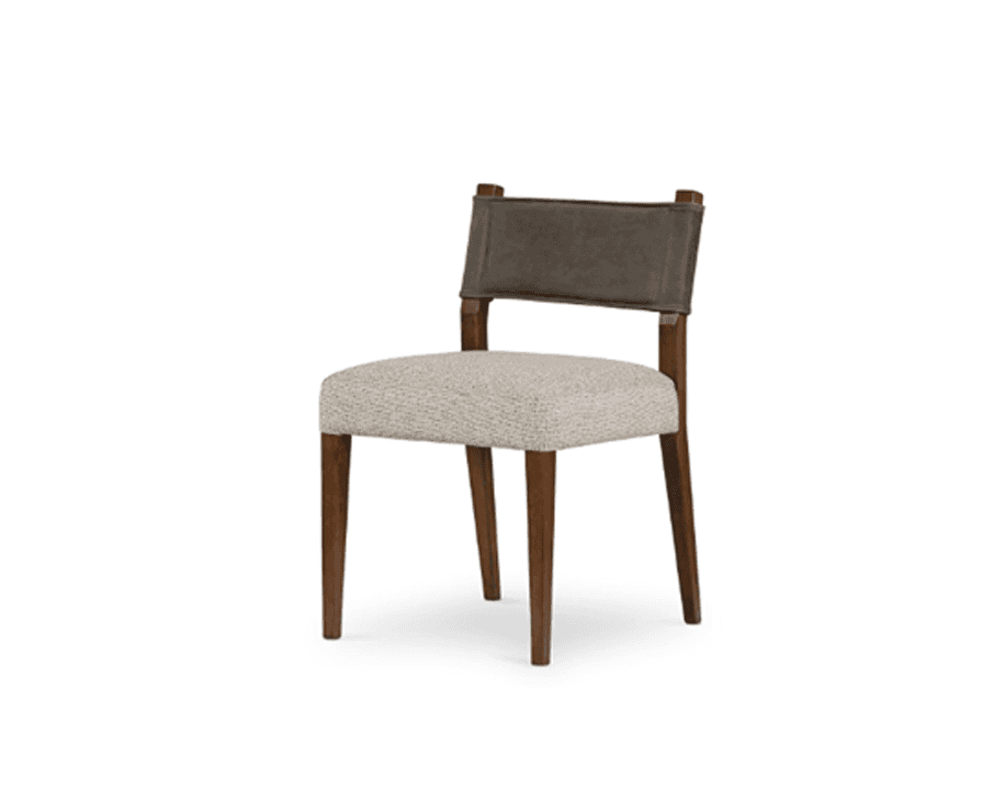 An armless dining chair featuring a dark brown wooden frame with tapered legs. The seat is upholster… — 3D model