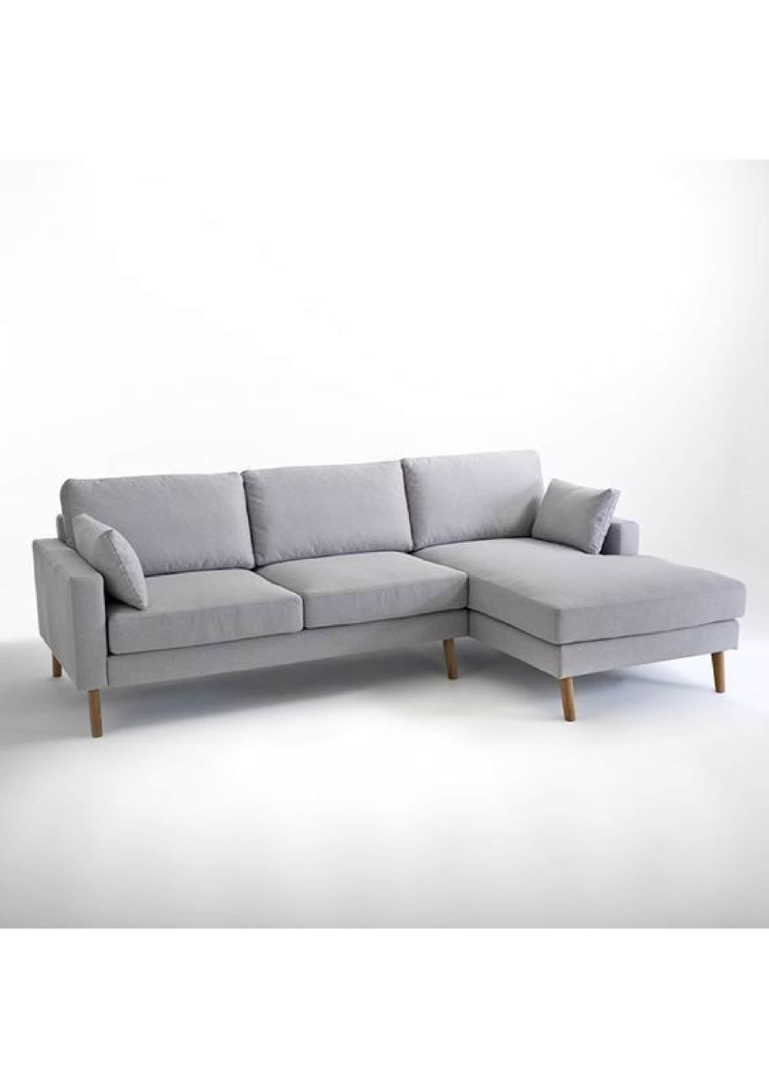An L-shaped sectional sofa with a light gray fabric upholstery and tapered wooden legs, featuring a… — 3D model