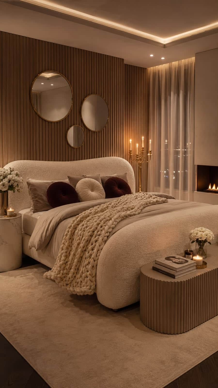 An upholstered platform bed featuring a soft, organic design with a gently curved headboard and foot… — 3D model