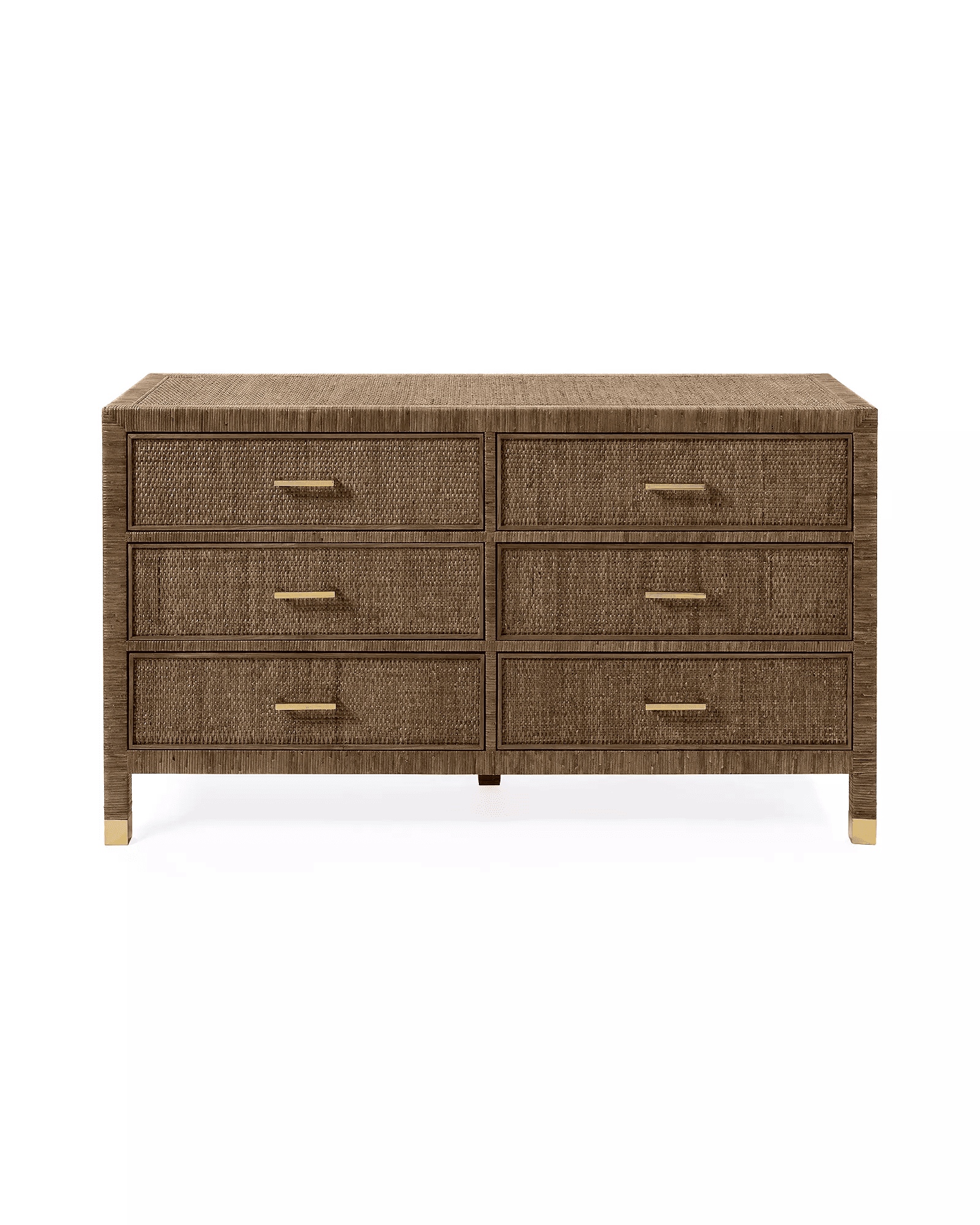 A six-drawer dresser with a woven rattan exterior and brass drawer pulls. The dresser has a rectangu… — 3D model