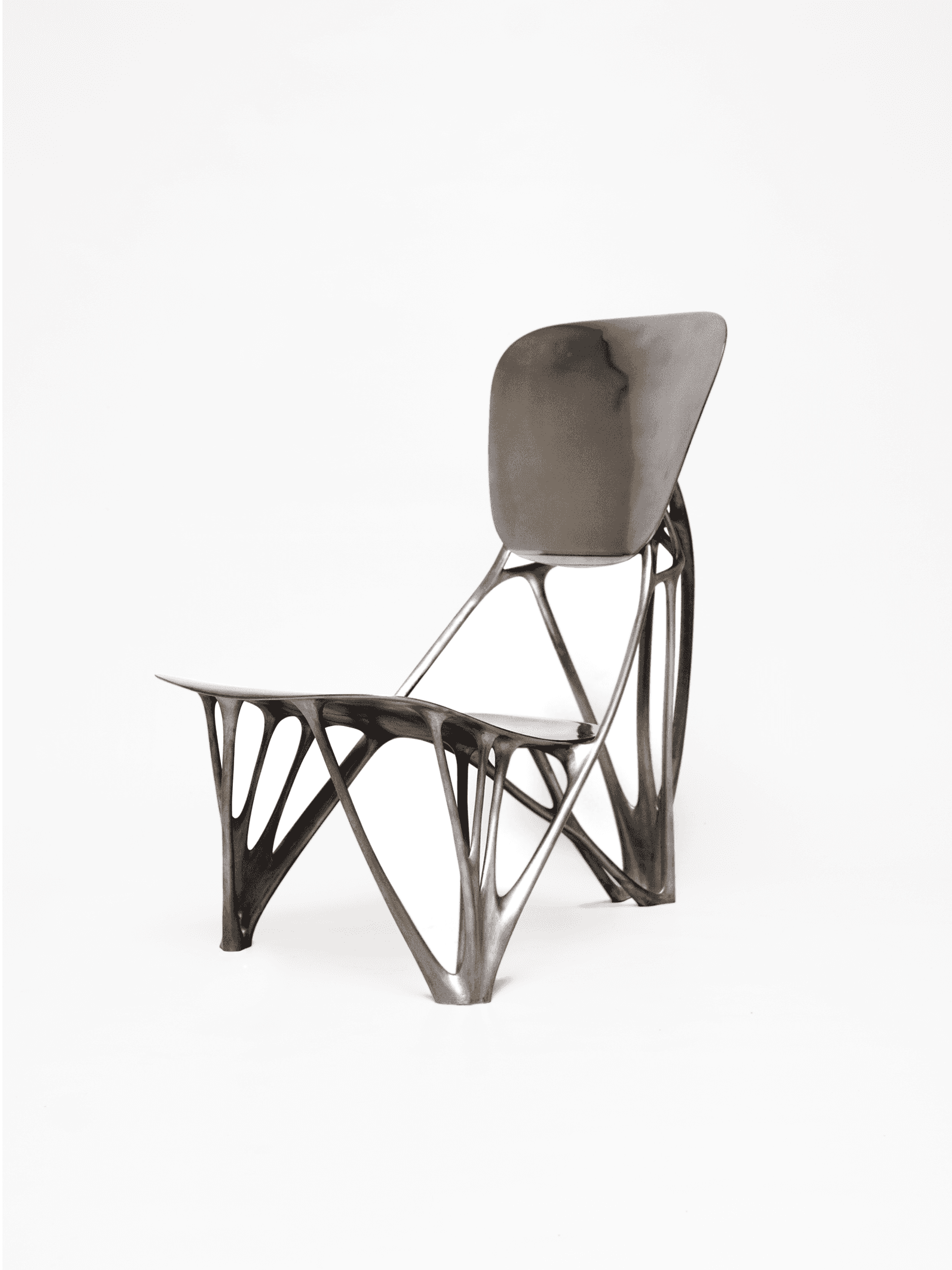A contemporary chair featuring an intricate, dark-colored biomorphic skeletal base that supports a s… — 3D model
