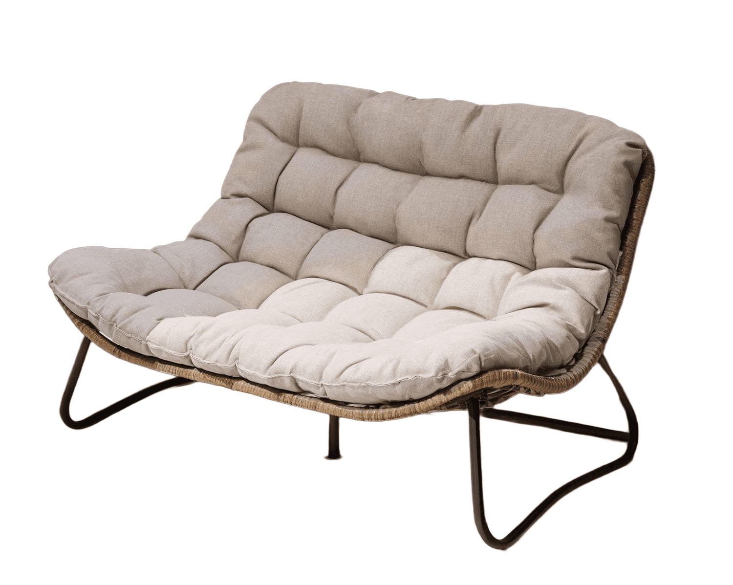 A contemporary two-seater lounge chair featuring a curved, low-profile design. It has a woven wicker… — 3D model
