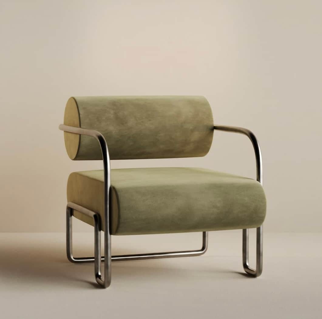 A contemporary lounge chair featuring a continuous tubular metal frame and two large cylindrical uph… — 3D model