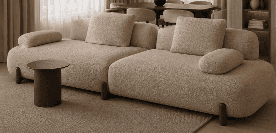 A modern modular sectional sofa upholstered in light beige boucle fabric, featuring soft, rounded ed… — 3D model