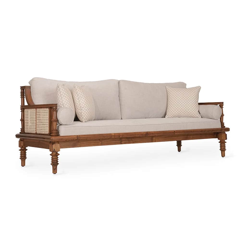 A three-seater sofa featuring a robust exposed wooden frame with a natural finish, intricate woven c… — free SKP 3D model