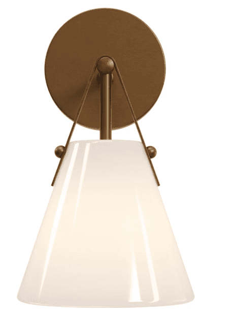 A modern wall sconce featuring a circular brass backplate, a short vertical arm, and a conical opal… — free GLB 3D model