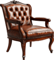 A tufted leather armchair with dark wood framing and ornate carvings. The chair features a high back… — 3D model