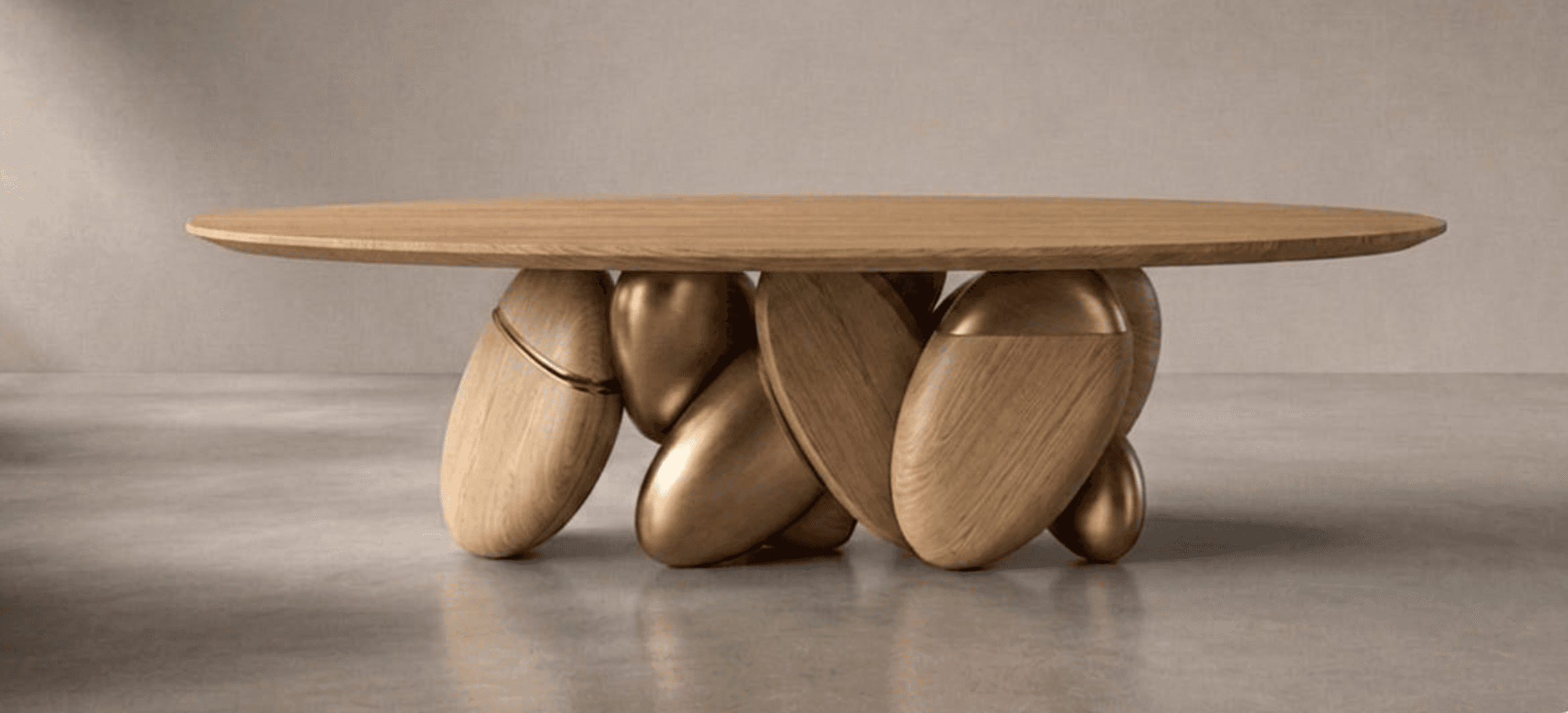 An oval-shaped coffee table featuring a light-toned wooden top and a distinctive sculptural base. Th… — free BLEND 3D model