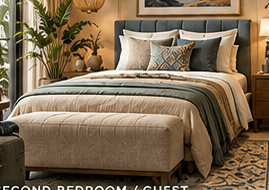 An upholstered platform bed featuring a channel-tufted headboard, accompanied by a matching upholste… — 3D model