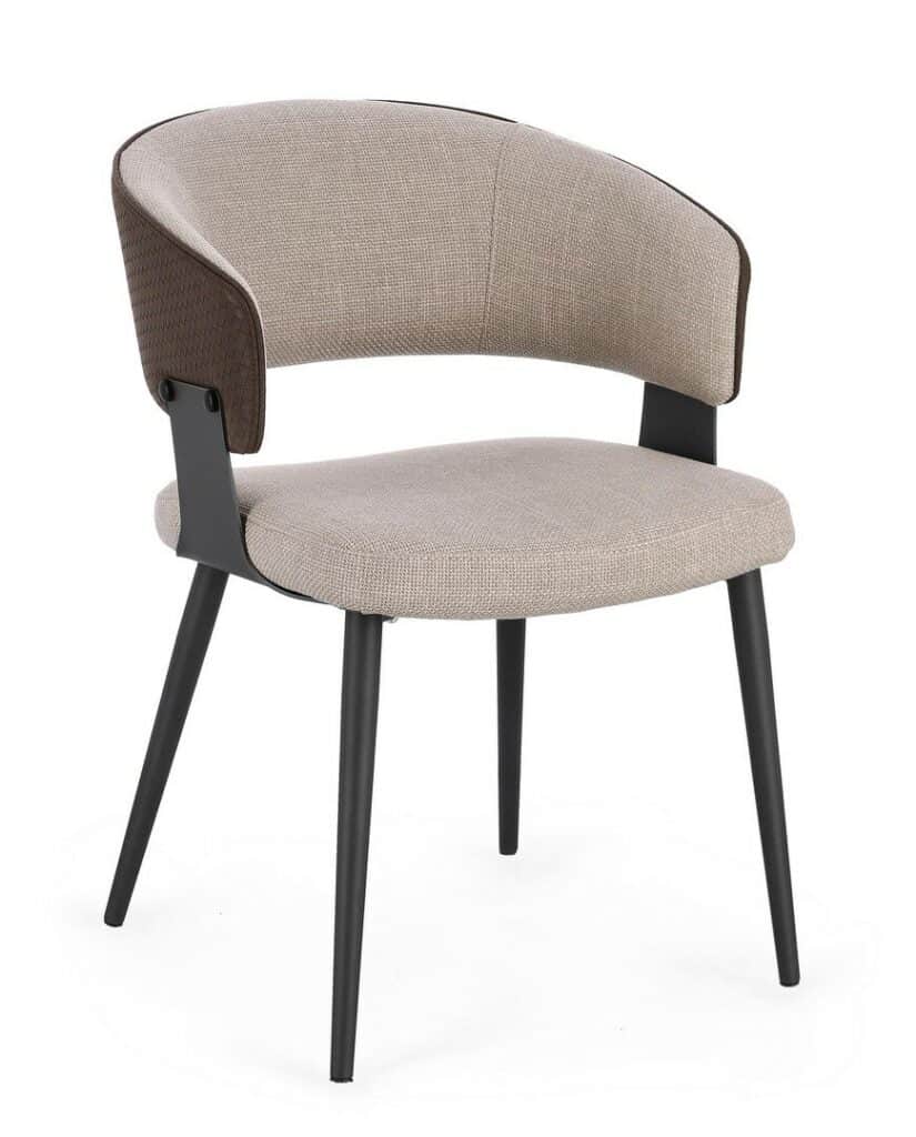 A contemporary dining armchair featuring a curved back and armrests, upholstered in a light beige fa… — 3D model