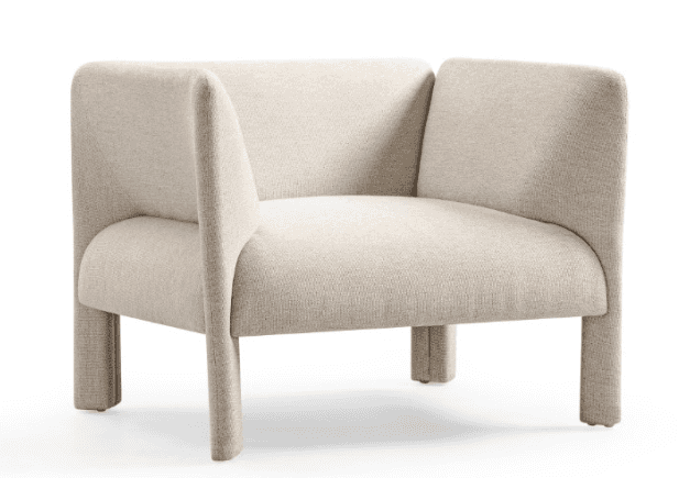A contemporary armchair featuring a compact, rounded form upholstered in a light beige, textured fab… — 3D model