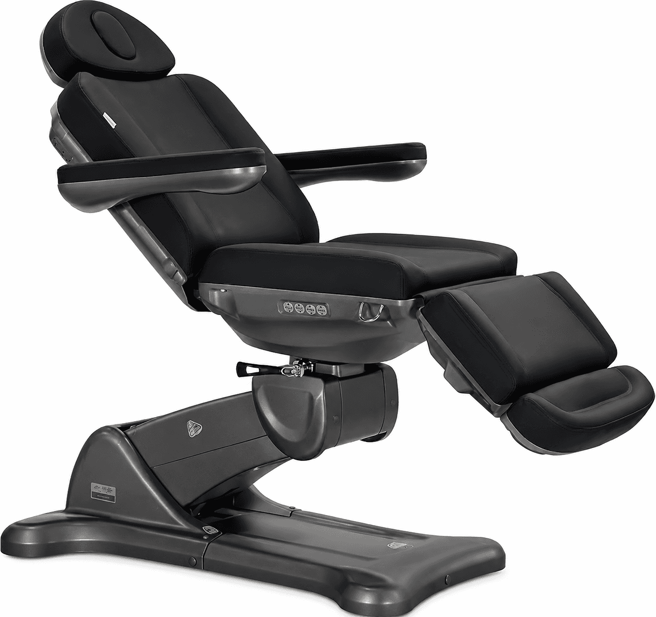 A modern electric reclining treatment chair, featuring black faux leather upholstery over thickly pa… — 3D model