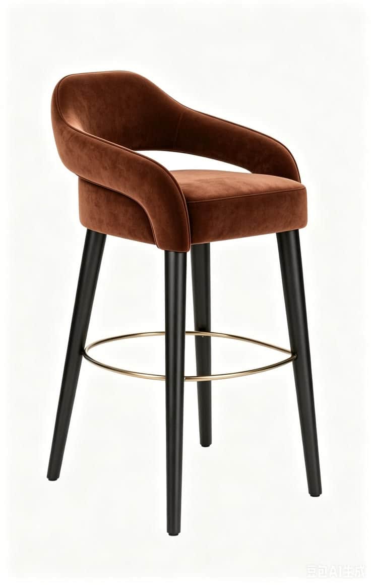 An elegant bar stool with a brown velvet upholstered seat and backrest, featuring black tapered wood… — 3D model