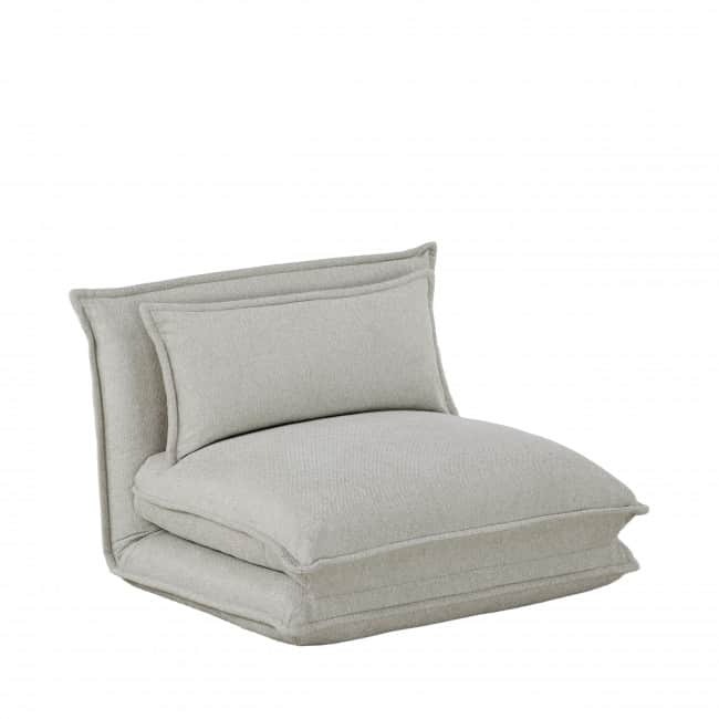 A minimalist, armless, floor-level seating unit upholstered in a light grey fabric, comprising a thi… — free OBJ 3D model