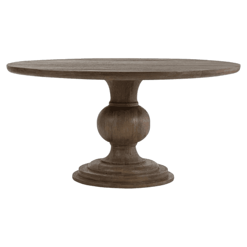 A round wooden table featuring a thick, turned pedestal base and a dark, natural wood finish. — 3D model