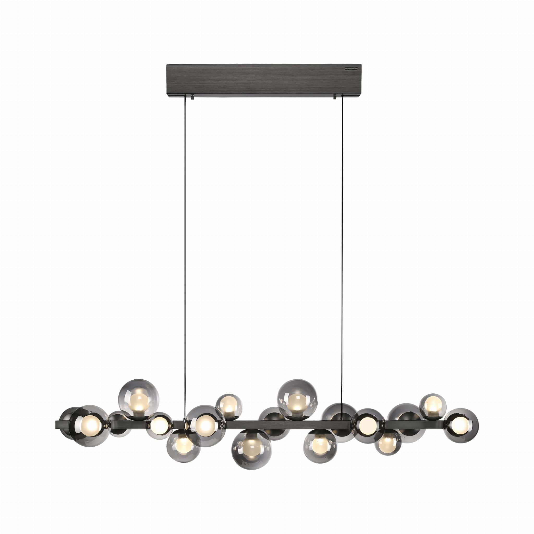 A contemporary linear chandelier featuring multiple spherical glass shades of varying sizes, suspend… — 3D model