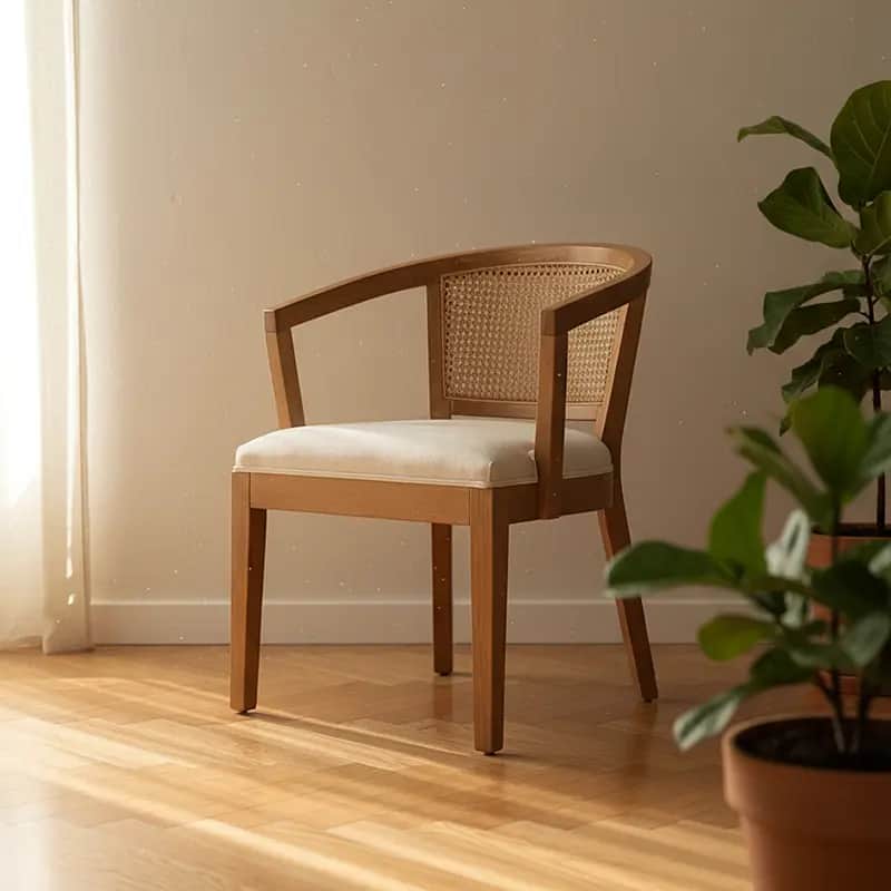 A modern wooden dining armchair with a curved cane backrest and an upholstered fabric seat. — 3D model