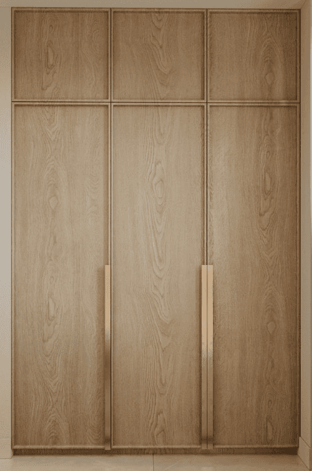 A tall, freestanding wardrobe with three doors. The doors feature a wood grain pattern and are divid… — 3D model