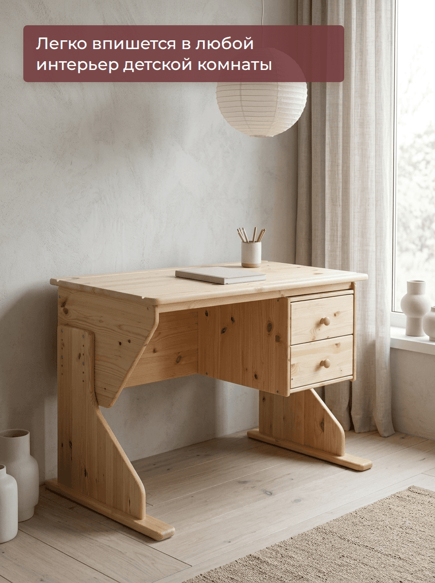A light-toned solid pine wood desk, likely for a child's room, featuring a rectangular top, an integ… — 3D model