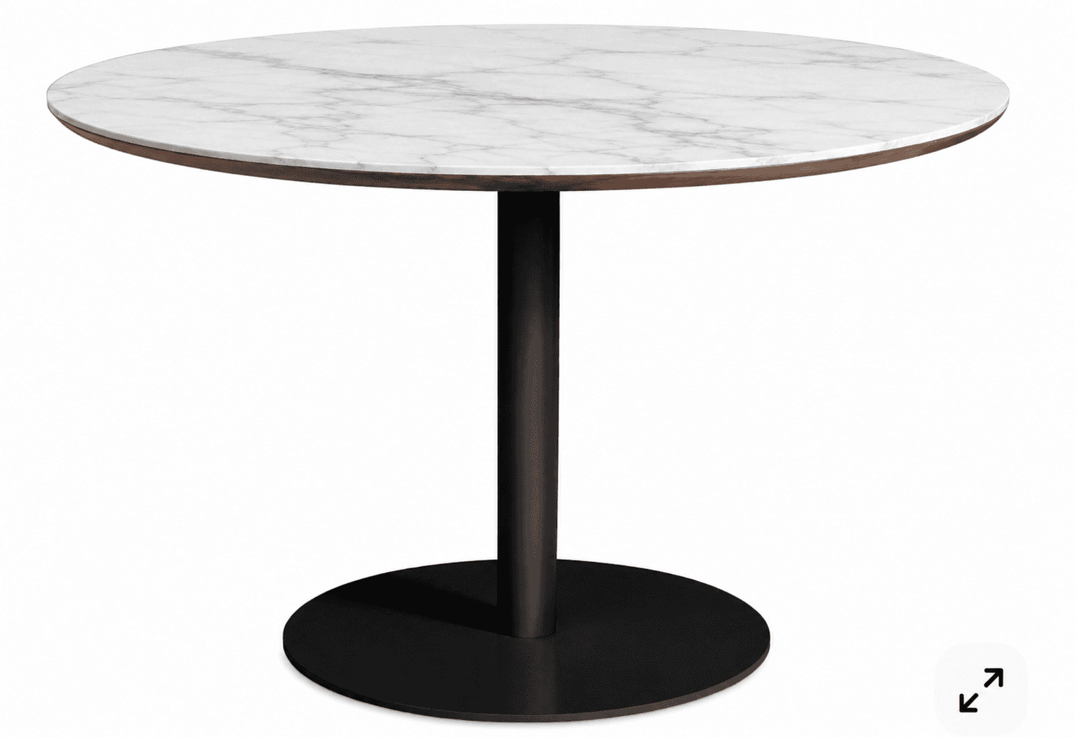 A modern round table featuring a white marble top with prominent gray veining, a slender black cylin… — 3D model