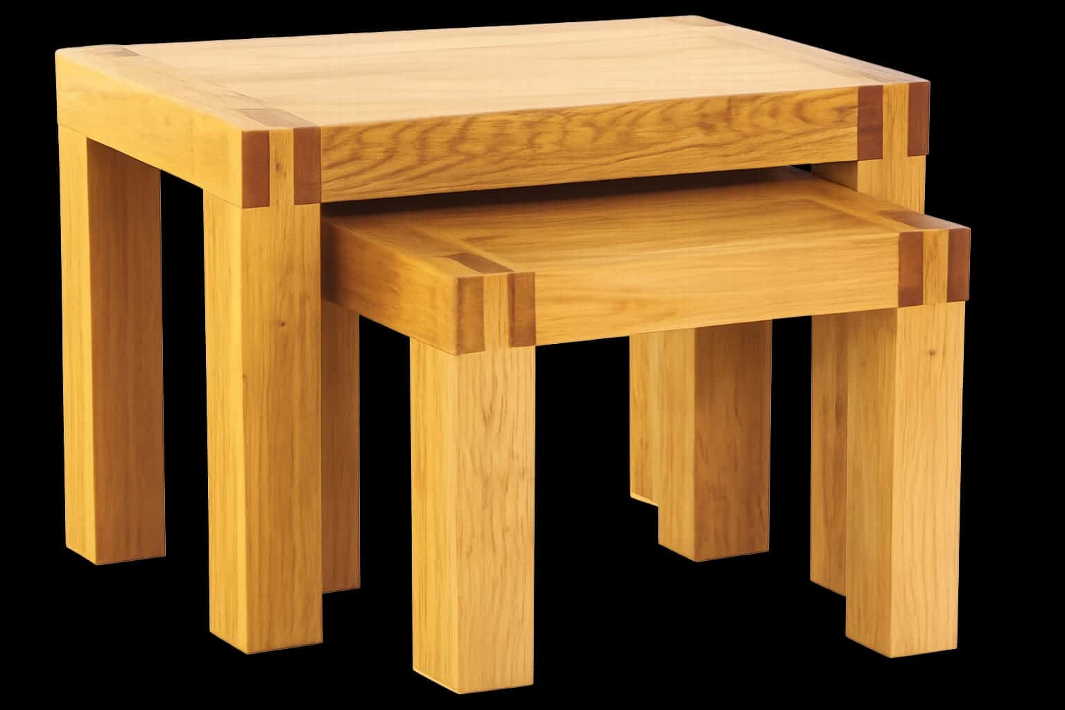 A set of two rectangular solid oak nesting tables. The larger table houses the smaller one underneat… — 3D model