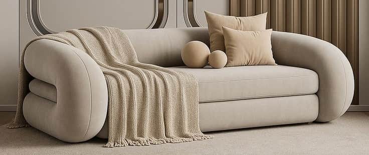 A contemporary sofa featuring a plush, light beige upholstery and distinctive rounded, sculptural ar… — 3D model