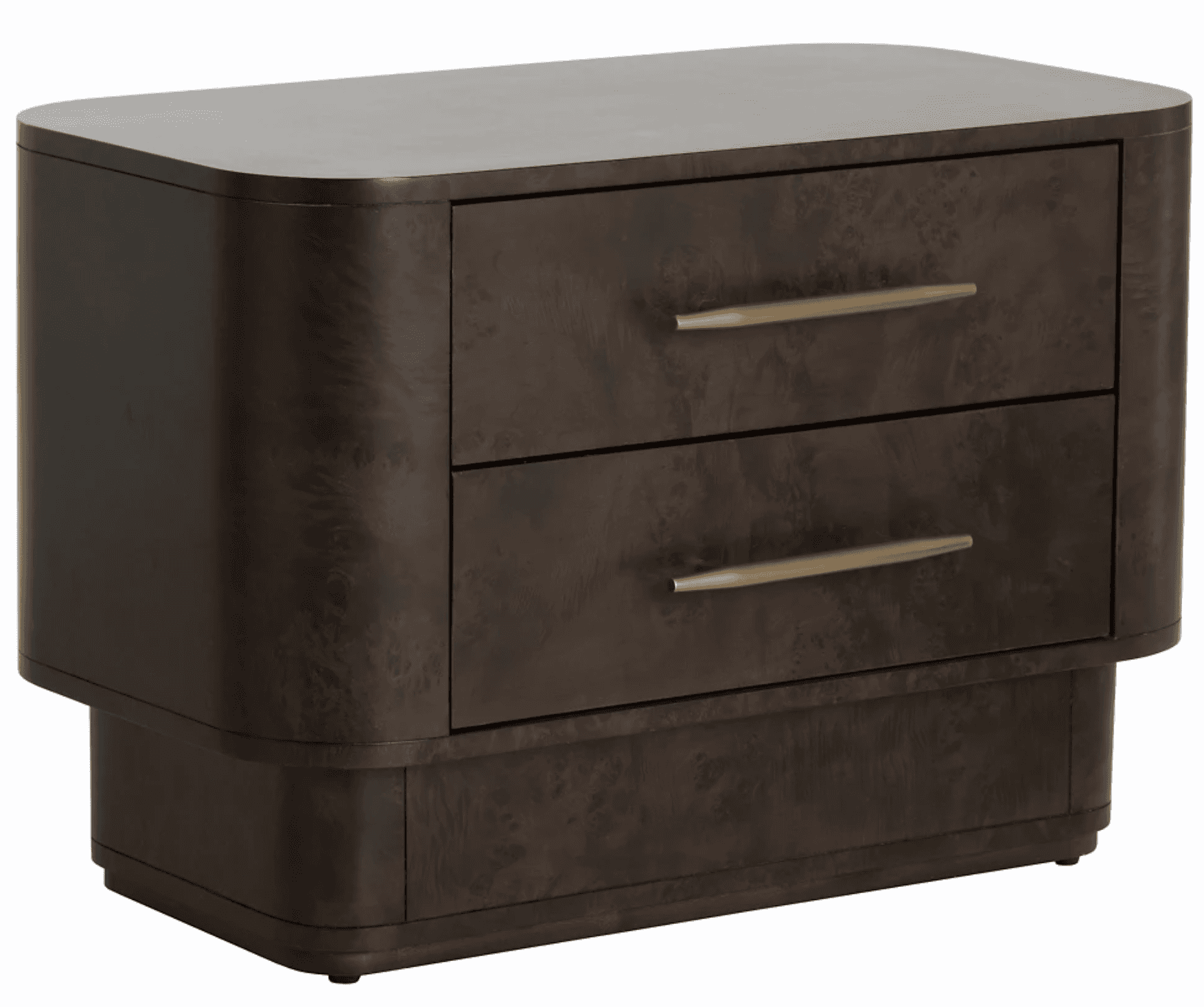 A dark burl wood veneer nightstand featuring two drawers with elongated brass bar pulls and elegantl… — 3D model
