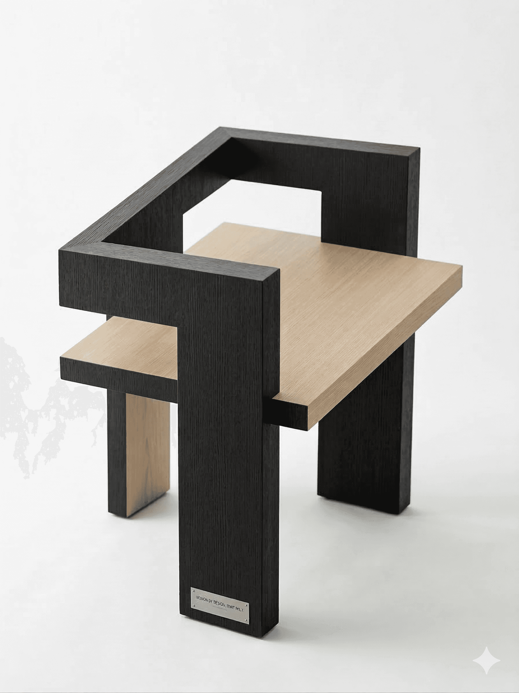 A modern, abstract armchair with a unique geometric design. The chair features a dark-stained wooden… — 3D model
