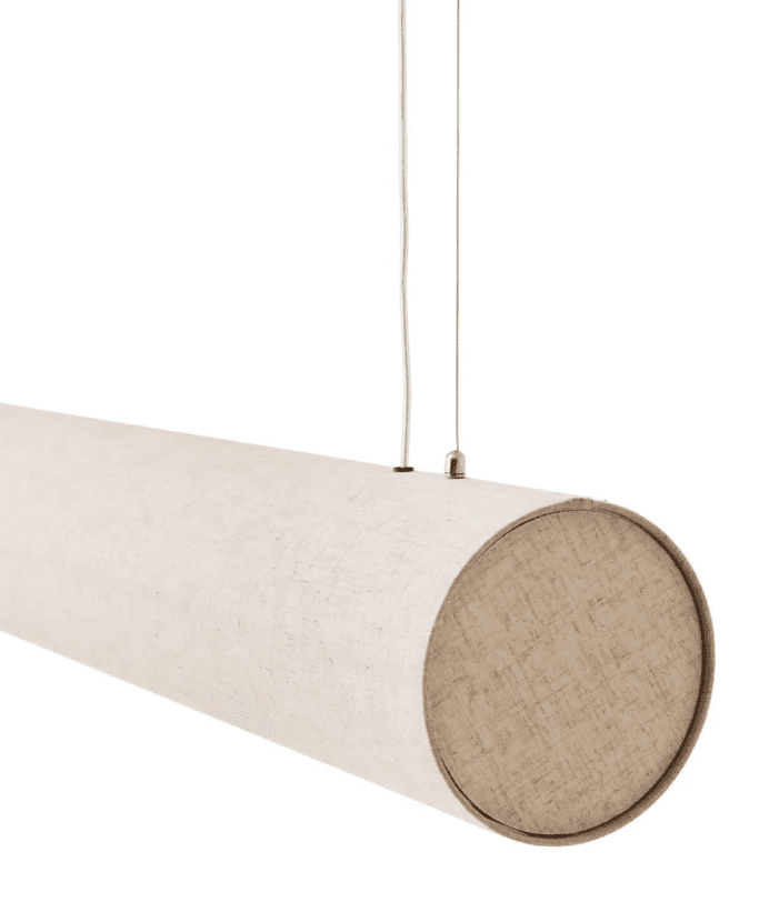A long, cylindrical pendant light fixture suspended by thin wires, with its body and end caps covere… — free BLEND 3D model