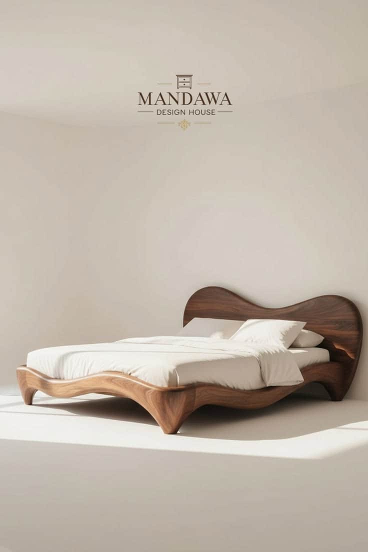 A modern platform bed featuring a distinctive wavy wooden frame and headboard, crafted from dark wal… — 3D model