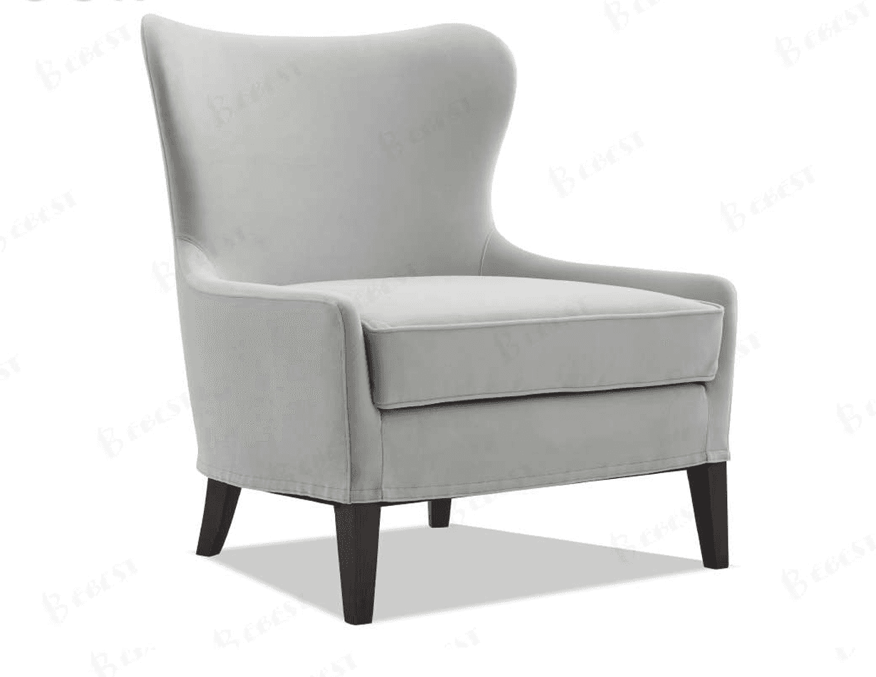 A contemporary wingback armchair upholstered in a light gray fabric, featuring a high back with subt… — 3D model
