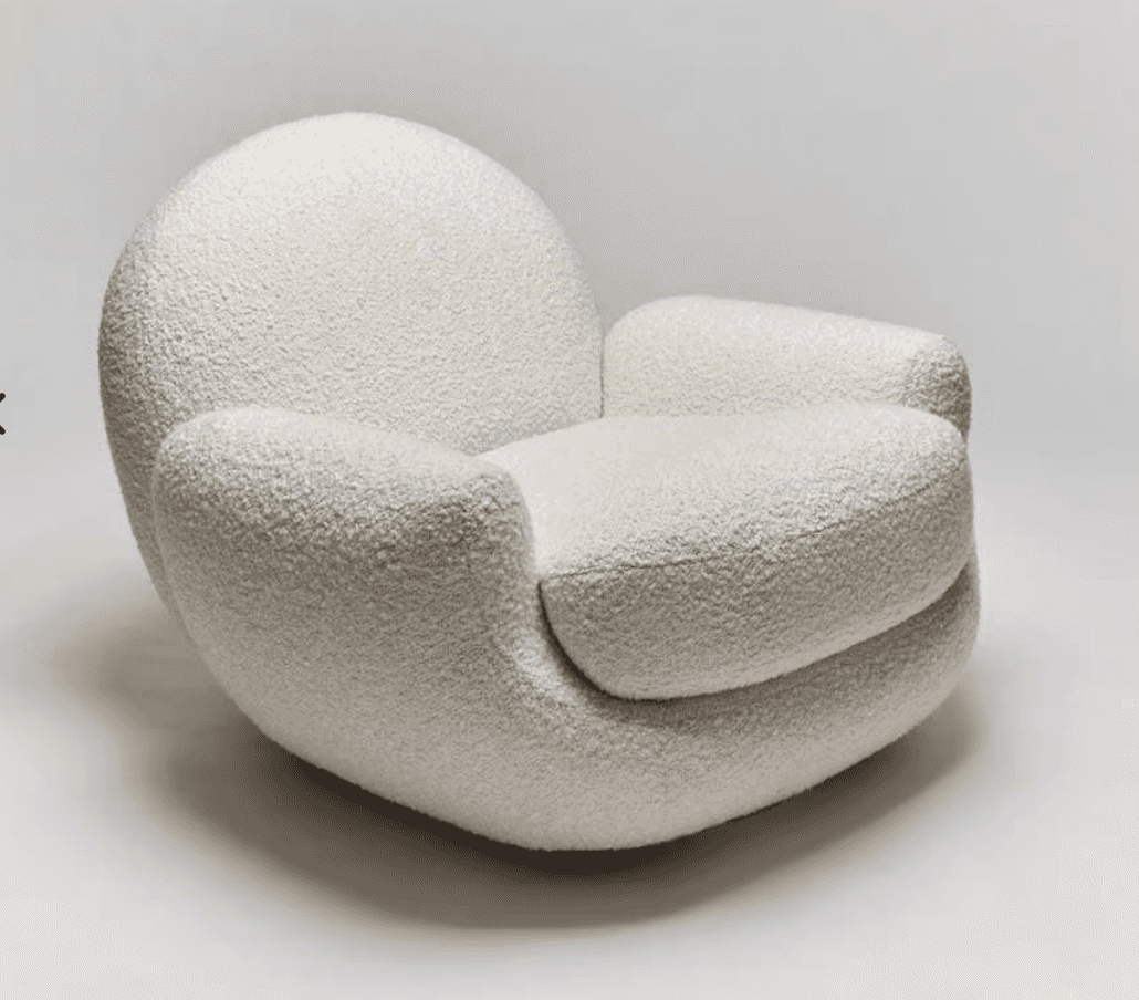 A plush, contemporary lounge chair upholstered in a textured, off-white bouclé fabric, featuring a r… — free OBJ 3D model