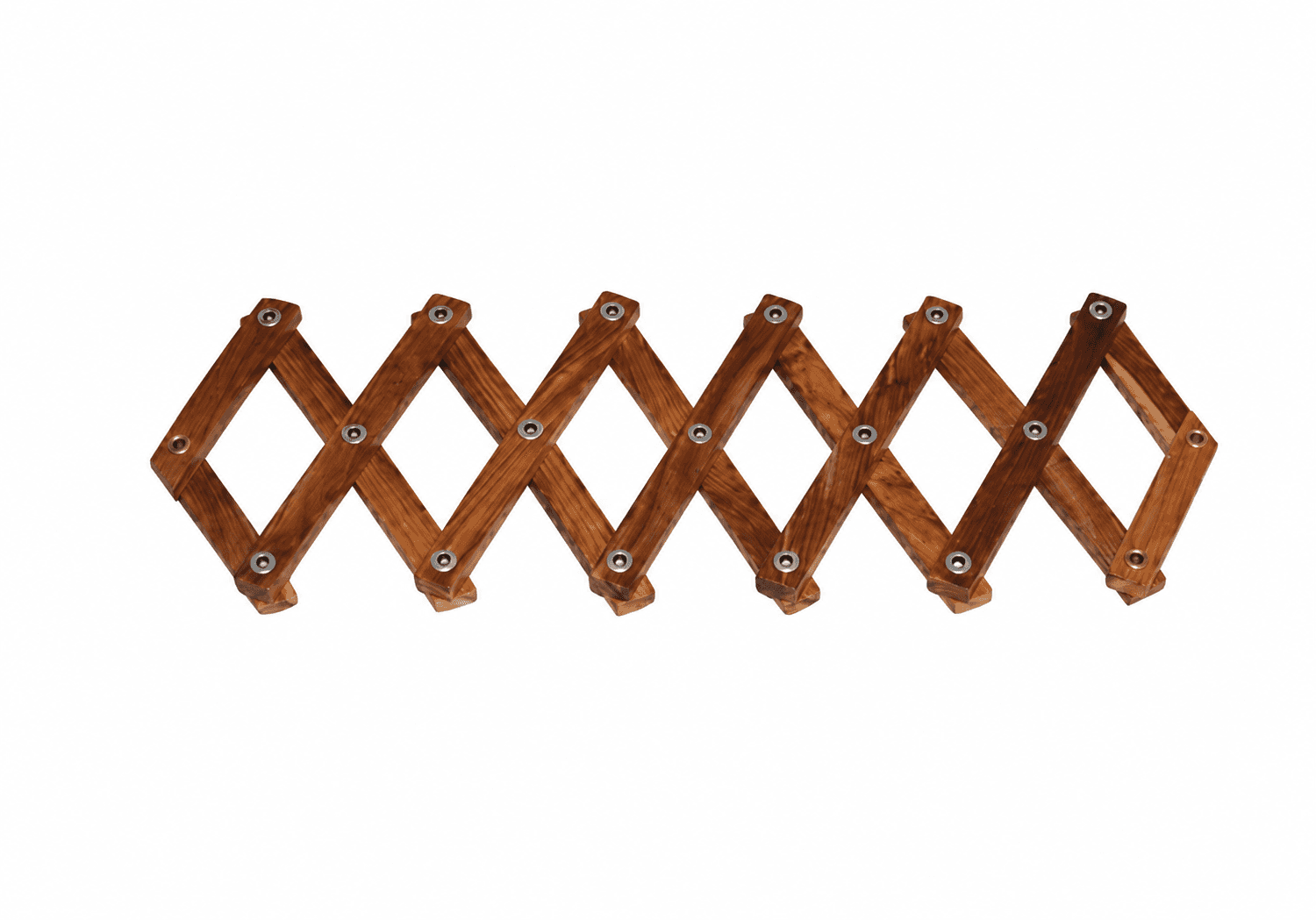 A wooden expandable coat rack, designed for wall mounting. It features an accordion-style lattice st… — 3D model