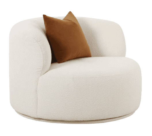 A modern, generously rounded swivel lounge chair upholstered in cream-colored boucle fabric, featuri… — 3D model