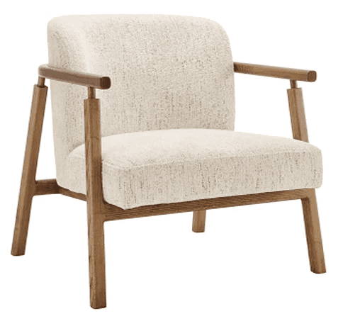 A modern accent chair featuring a upholstered seat and back, with a visible wooden frame and armrest… — 3D model