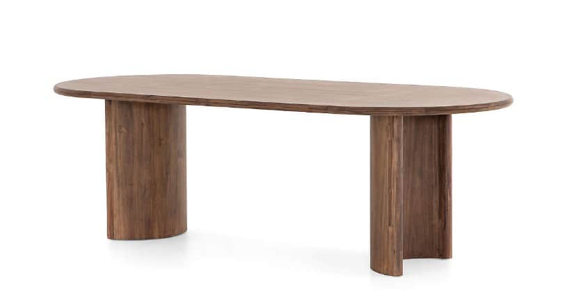 An oval console table made from solid dark wood, featuring a smooth, elongated tabletop supported by… — 3D model
