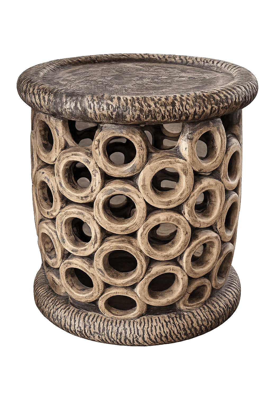 A drum-shaped stool or accent table, crafted from carved wood, featuring a cylindrical body made up… — 3D model