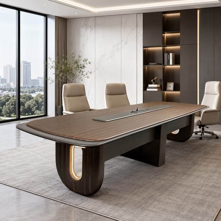 A sleek, modern conference table featuring a dark wood veneer top with rounded corners. The tabletop… — 3D model